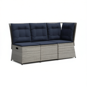 Outdoor Garden Sofa Three Seat Gray PE Rattan Navy Blue Cushions Powder Coated Steel <b>Frame</b> Contemporary Design - Product Image 1