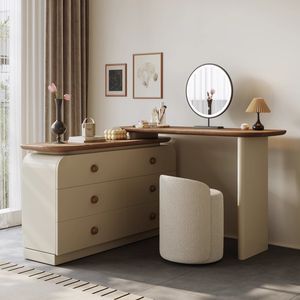 Tavolo da <span class=keywords><strong>Toeletta</strong></span> Vintage in Legno Massello Color Crema, Cassettiera Moderna Semplice Color Noce, Tavolo da <span class=keywords><strong>Trucco</strong></span> con Cassetti per Camera da Letto - Product Image 3