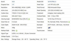 G070VTN01.0 Modules LCD industriels neufs d'origine AUO 7 pouces 800x480 Panneau LCD 300 nits 20 broches FPC Panneau LCD de contrôle industriel - Product Image 2