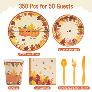ชุดภาชนะใส่อาหารแบบใช้แล้วทิ้ง PET ลายฟักทองฤดูใบไม้ร่วง 350 ชิ้น เป็นมิตรกับสิ่งแวดล้อม สำหรับแขก 50 ท่าน จาน ถ้วย ผ้าเช็ดปาก สำหรับงานเลี้ยงวันขอบคุณพระเจ้า - Product Image 3
