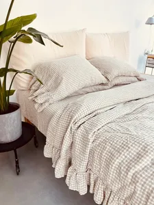 100% Linen Duvet Cover Set 3 Piece Vintage Ruffled Soft <strong>Plaid</strong> Fabric High End French Linen <strong>Bedding</strong> Hand Woven - Product Image 5