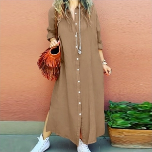 Nouvelle Robe Chemise Unie pour Femme, Manches Longues, Boutonnage Simple, Élégante, Style Moyen-Orient, Ample, Maxi, en Coton - Product Image 4
