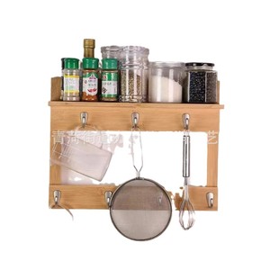 Wooden <b>Wall</b> <b>Mounted</b> <b>Shelf</b> 3 Tier Multi Functional Storage Rack With Hooks For Kitchen Spice Organizer And Utensil Holder - Product Image 1