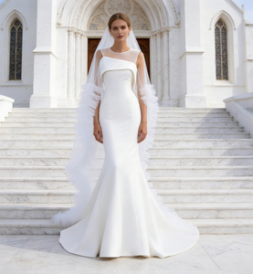 Robe de mariée sirène minimaliste sans manches en satin <span class=keywords><strong>avec</strong></span> traîne chapelle et <span class=keywords><strong>voile</strong></span> en tulle aérien pour mariages modernes - Product Image 2