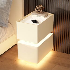 Modern Luxury <strong>Bedroom</strong> <strong>Furniture</strong> <strong>with</strong> Smart <strong>LED</strong> <strong>Lights</strong> Wireless Charging Drawers Safe Nightstand Wooden Leather Feature Storage