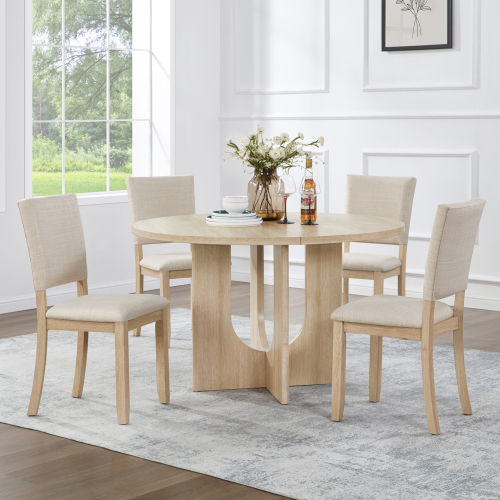 Light Oak + Beige + Round Dining Set with 4 Chairs