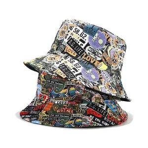 嘻哈夏季户外太阳帽男女通用双面可逆巴拿马帽印花渔夫帽涂鸦水桶帽