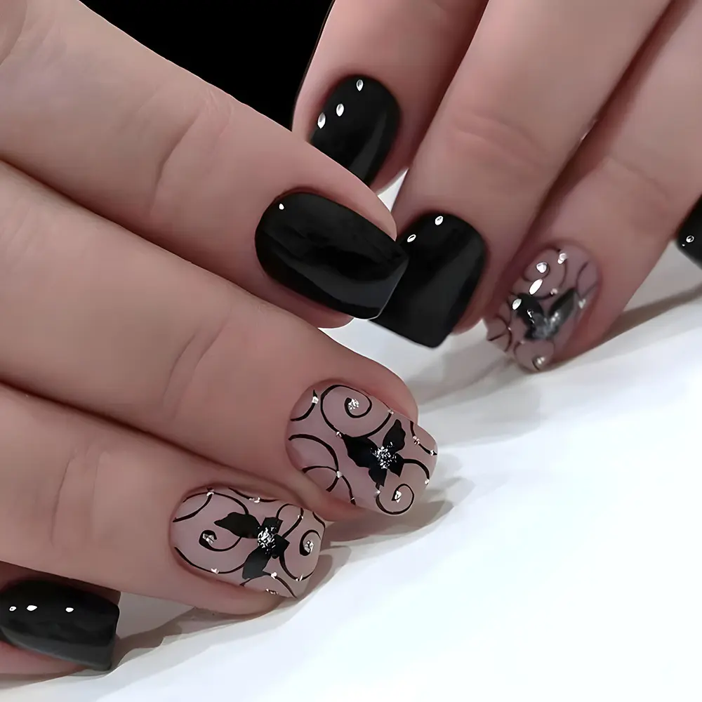 N1253 factory wholesale cool style daily use black short press on nails tip glue sticker and file