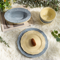 Ensemble de vaisselle en céramique à motifs floraux vintage - Vaisselle de luxe pour mariage et maison - Ensemble de dîner en céramique bleu jaune pastel