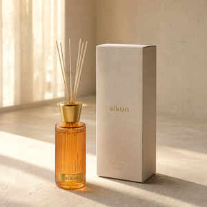 Aikun Large Capacity Long Lasting Ribbed Amber Glass <b>Reed</b> <b>Diffuser</b> with Fiber Sticks Gold Tone Cap Gift Box for Yoga Studios - Product Image 1