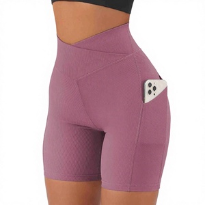 Shorts de Yoga de Cintura Alta, Color Sólido, Tejidos, con Bolsillos, para Mujer, Deportivos, Elásticos, Transpirables, para Entrenamiento - Product Image 1