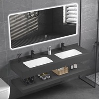Meuble de salle de bain d'hôtel moderne de luxe avec lavabo intégré en dalle de roche double couche et miroir LED tactile éclairé
