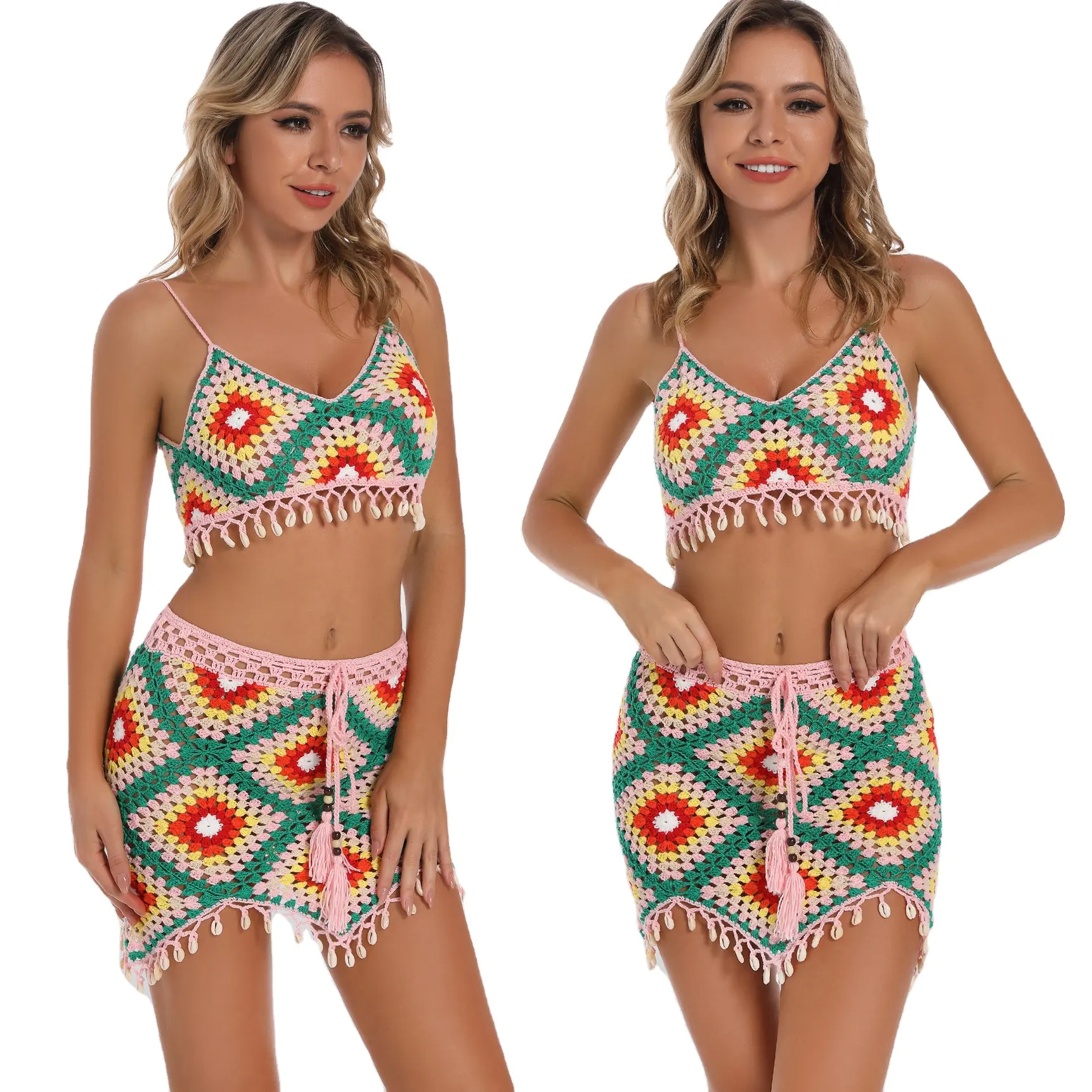 Kadın yaz 2 parça mayo Bikini plaj mayo örme Sling geometrik zıt renk kapak Up Set üreticileri 2024