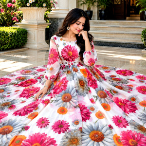 Robe longue maxi élégante pour femme à imprimé floral, robe de soirée d'été à manches longues et coupe trapèze avec imprimé numérique - Product Image 1