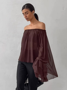 2025 autunno nuova camicetta in Chiffon sottile a maniche lunghe da <span class=keywords><strong>donna</strong></span> Sexy <span class=keywords><strong>marrone</strong></span> scuro con spalle scoperte tinta unita bottone Casual Vintage - Product Image 5