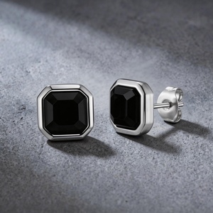 Men's Trendy <b>Black</b> Agate Bezel Setting <b>Stud</b> <b>Earrings</b> Silver Plated Stainless Steel Geometric Square Fashion Jewelry for Daily - Product Image 3
