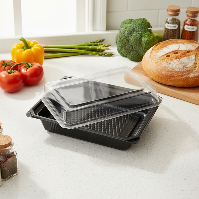 Disposable PS Plastic Tray Lids Food Grade Convenient Storage for Takeout Sushi Pizza Cookies Salad-Portable Dining Container