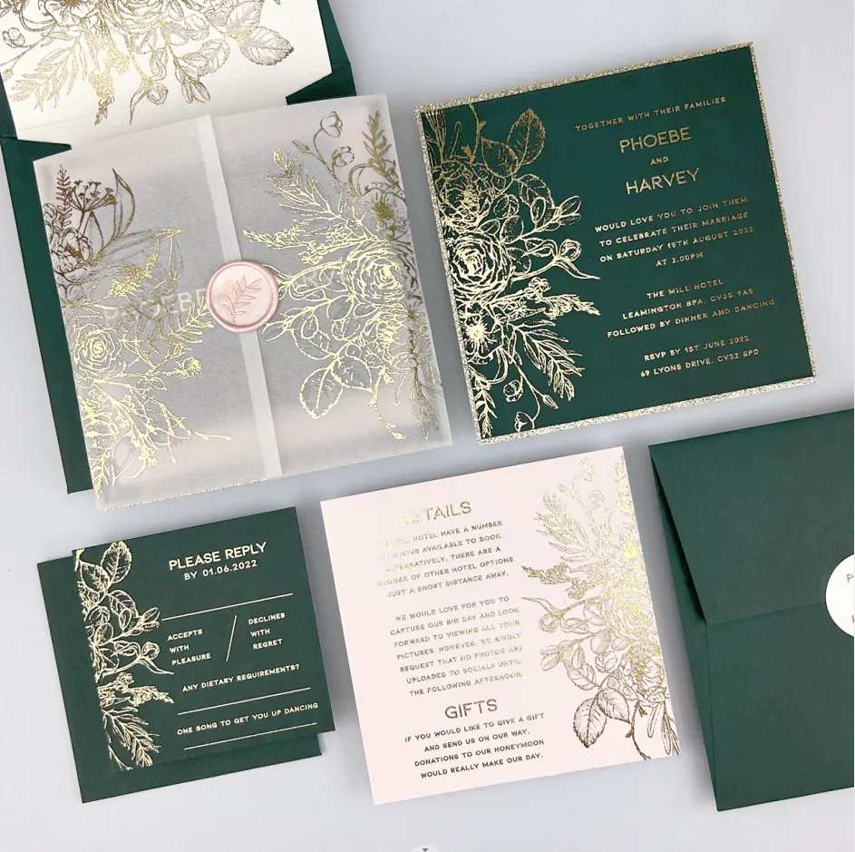 Wedding invitation envelope card luxury royal custom letterpress sage green wedding invitation card envelope/