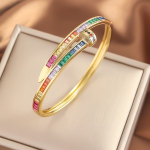 Gold Color <b>Copper</b> Alloy Zircon <b>Bangle</b> With Rainbow Stones Adjustable Opening For Women Jewelry Gift - Product Image 1