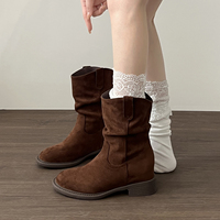 Bottines à bout rond et talon carré en daim pour femme, style western, avec découpe en V et languette repliable, 3 couleurs.