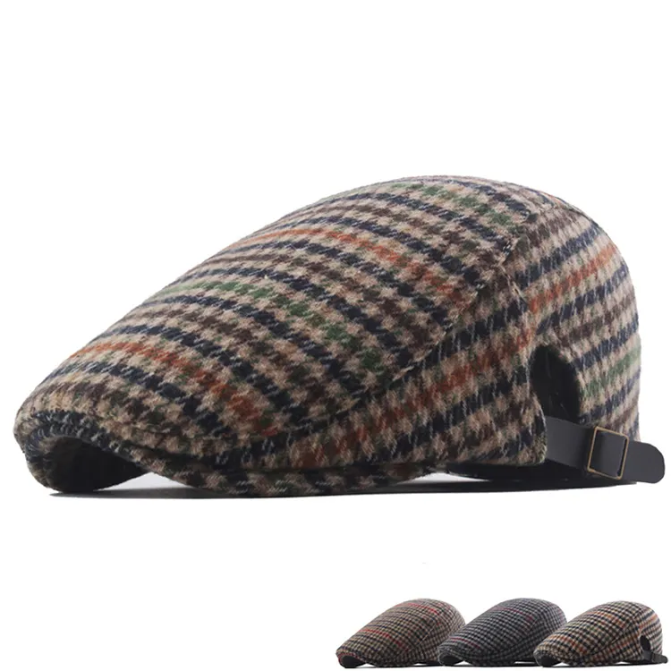 겨울 양모 유니섹스 캐주얼 스타일 세련된 체크 무늬 무늬 모자 아이비 모자