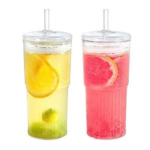 Tasse à boisson en <span class=keywords><strong>verre</strong></span> <span class=keywords><strong>avec</strong></span> couvercle en <span class=keywords><strong>verre</strong></span> intégré et <span class=keywords><strong>paille</strong></span> Vaisselle de qualité supérieure à usage unique - Product Image 1