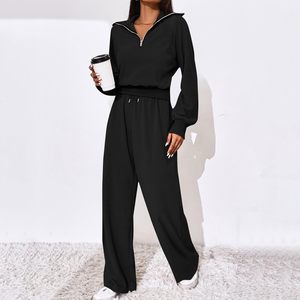 Conjunto de Sudadera y Pantalones de Chándal de 2 Piezas para Mujer, Sudadera Oversize con Media Cremallera, Pantalones Anchos, Chándal Informal Transpirable de Diseño Sencillo - Product Image 4