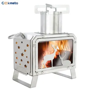 Portable Camping Cooking Stove with Glass Window Panel Outdoor Hiking Wooden Burned Stove Quick Release Backpacking Tools