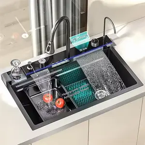 Anti-Scratch 304 Stainless Steel Sink Kitchen Single Slot Multifunction LED Digital Display Waterfall Kitchen Sink Cup Washer
