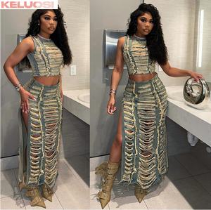 Top corto Vintage in <span class=keywords><strong>jeans</strong></span> e gonna lunga con spacco Set di due pezzi da donna vestiti strappati in Denim - Product Image 1