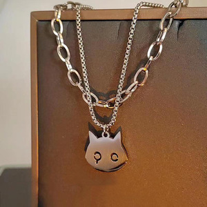 Collares de Cadena de Doble Capa de Acero de Titanio para Hombres y Mujeres, Lindo Collar con Colgante de Gato Demonio de Dibujos Animados, Accesorios de Joyería - Product Image 4