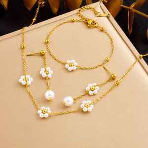 Fashion Jewelry <b>Set</b> Pearl Flower Chain Necklace <b>Bracelet</b> Earrings Women's Party Accessories Gold Tone Imitation Pearl - Product Image 1