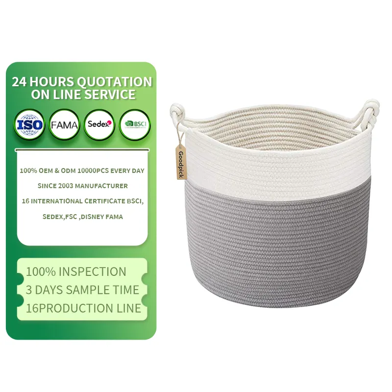 Cesto grande personalizzato cesto in corda di cotone intrecciato alto in morbido cotone organico con manici coperte Decorative cestino portaoggetti rotondo