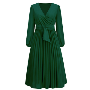 Vestido plisado ajustado de manga larga para mujer de comercio exterior europeo y americano, vestido con cuello en V, vestido acampanado transfronterizo de <span class=keywords><strong>Amazon</strong></span> - Product Image 5