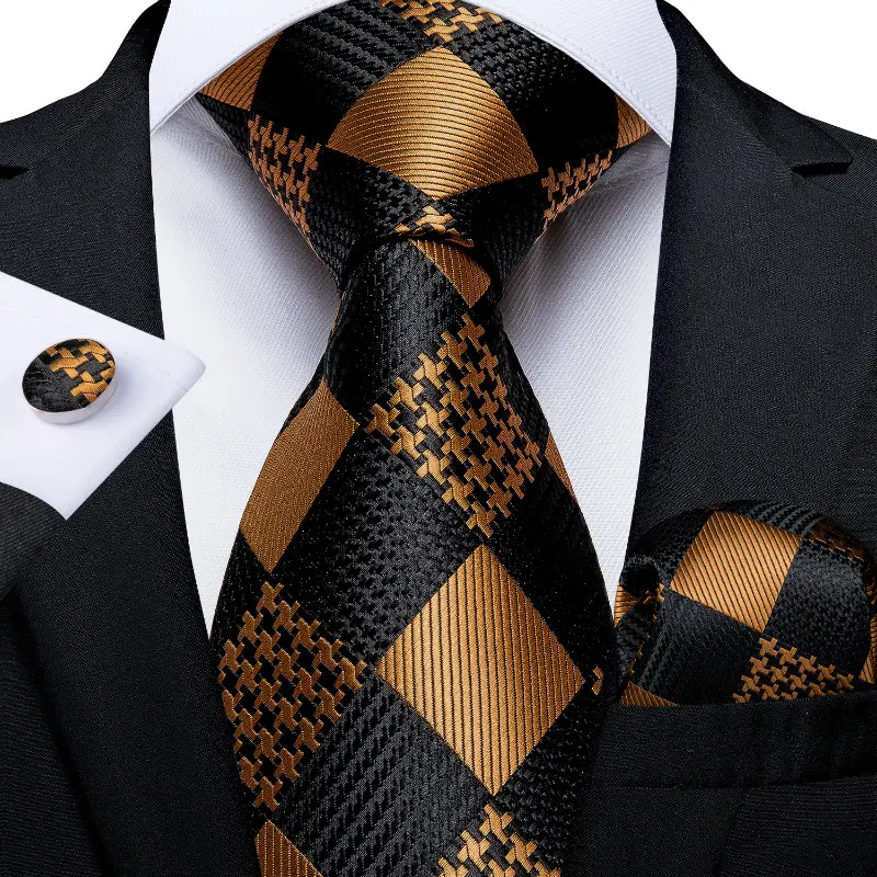 Высококачественные мужские шелковые галстуки в клетку черного и золотого цвета
