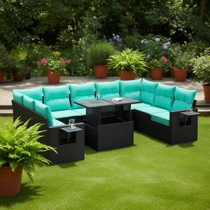 Set di Divani da Giardino in Polyrattan Nero e Acacia con Cuscini, 10 Pezzi, Arredamento da Esterno dal Design Contemporaneo - Product Image 2