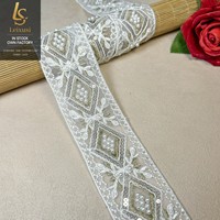 LEIXUSI Bordure en dentelle brodée de diamants de 5 cm, accessoires décoratifs en organza perlé pour robe de mariée, robe de soirée et bricolage