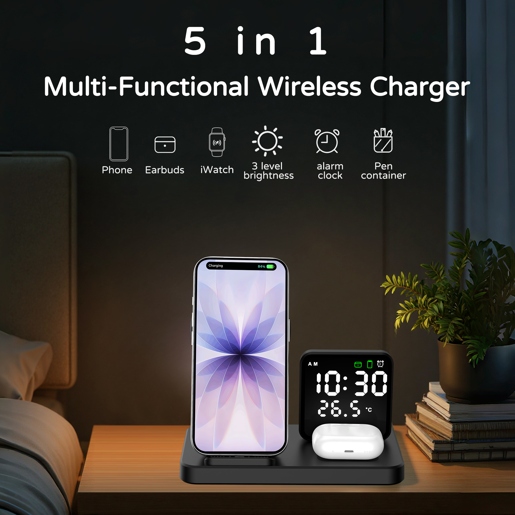 3 in 1 Wireless Charger Station with Alarm Clock Fast Charger 15 Watt 5 in 1 Charging Dock for iPhone for iWatch with Pen Holder · image 3