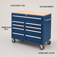 Chariot à outils robuste sur roulettes, armoire à outils industrielle en acier bleu avec plan de travail en bois pour garage et atelier