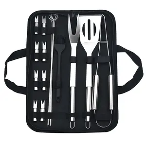 Conjunto de churrasco de aço inoxidável, utensílios de grelha, prata, conjunto de 20 peças para churrasco, camping, cozinha