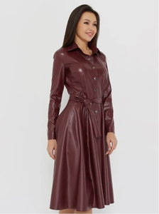 Elegante abito da donna in pelle <span class=keywords><strong>bordeaux</strong></span> abito Midi con cintura a manica lunga con bottone frontale per feste e Casual - Product Image 2