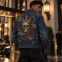 Veste en jean personnalisée pour homme, vente en gros B2B, style vintage délavé, broderie tête de mort et rose, streetwear, OEM ODM