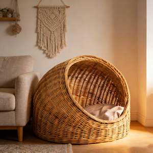 Cama <span class=keywords><strong>de</strong></span> Lujo Moderna <span class=keywords><strong>de</strong></span> Mimbre para Gatos, Casa <span class=keywords><strong>de</strong></span> Ratán para Mascotas, Cesta Acogedora para Dormir con Cojín, Muebles Hechos a Mano para Mascotas - Product Image 4