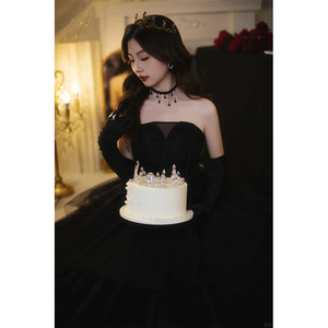 Black Strapless Velvet Evening Gown Empire Waist Ball Gown Simple Fashion Adult Party Dress - Product Image 1