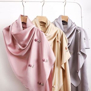 Bulle Satin Mousseline De Soie Main-Bâton Fleur Perle Bouton Écharpe De <span class=keywords><strong>Marin</strong></span> Femmes Musulmanes Hijabs Malais Musulman Hijabs pour Femmes 175*70cm - Product Image 1