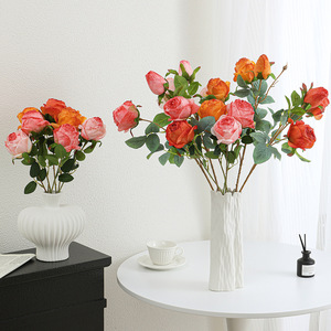 <span class=keywords><strong>Roses</strong></span> artificielles en soie à 3 têtes, style français vintage, bords brûlés, toucher réel, pour décoration de mariage et centres de table. - Product Image 5