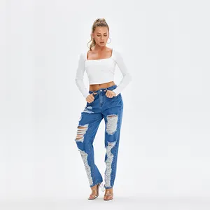 Fashion Ladies Trend Ripped Jeans Casual Girls Women&#39;s Jeans Blue Washed Ripped Pantalon Jean Womens OEM Service High Adults