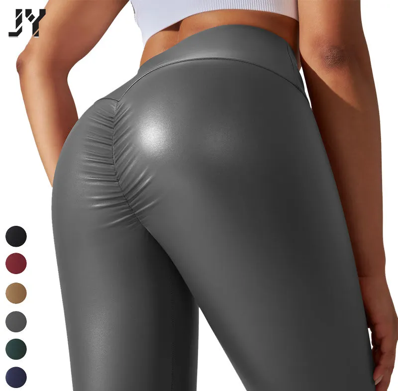 Joyyoung Best seller Pantalones de cuero Mujeres Compresión Scrunch Butt Lifting Fruncido PU Faux Black Leggings Pantalón de cuero de cintura alta