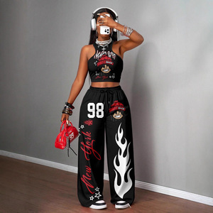 Conjunto de 2 Piezas de Ropa Deportiva Urbana de Moda Hip Hop para Mujer, Chaleco Estampado Informal y Pantalones Anchos de Alta Calidad - Product Image 3