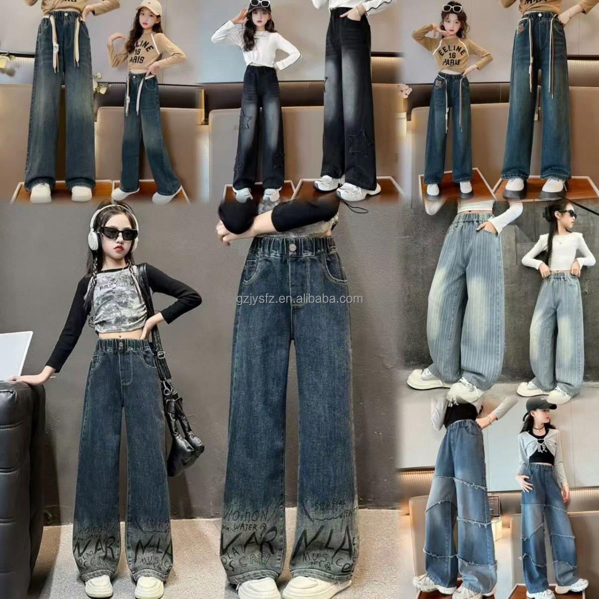 Hot Spring Fashion Girls' Jeans High Waist Slim Fit Casual Style Sweet Bell Bottoms with Wide Leg Pants Loose Fit Cotton